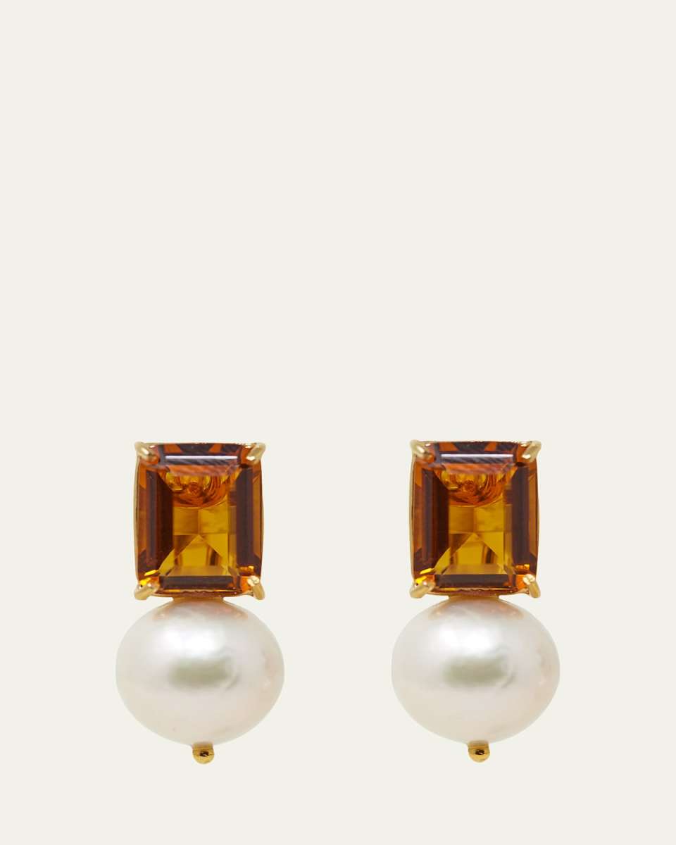 Yellow Gold Citrine Quartz and Freshwater Pearl Earrings